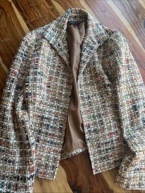 Lafayette 148 Wool Tweed Printed Open Front Blazer Brown